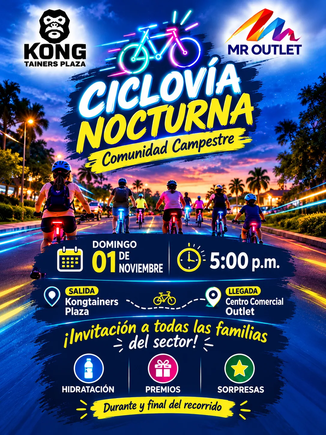 Afiche: 🚴‍♀️ Ciclovía Nocturna Comunidad Campestre | Salida desde KongTainers